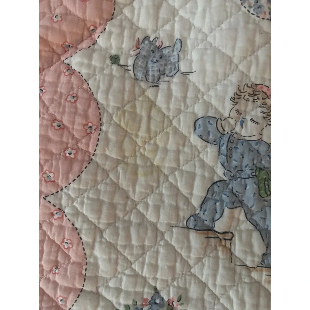 Vintage Handmade Baby Crib Quilt With Nursery Rhyme Pattern & Scalloped Edges